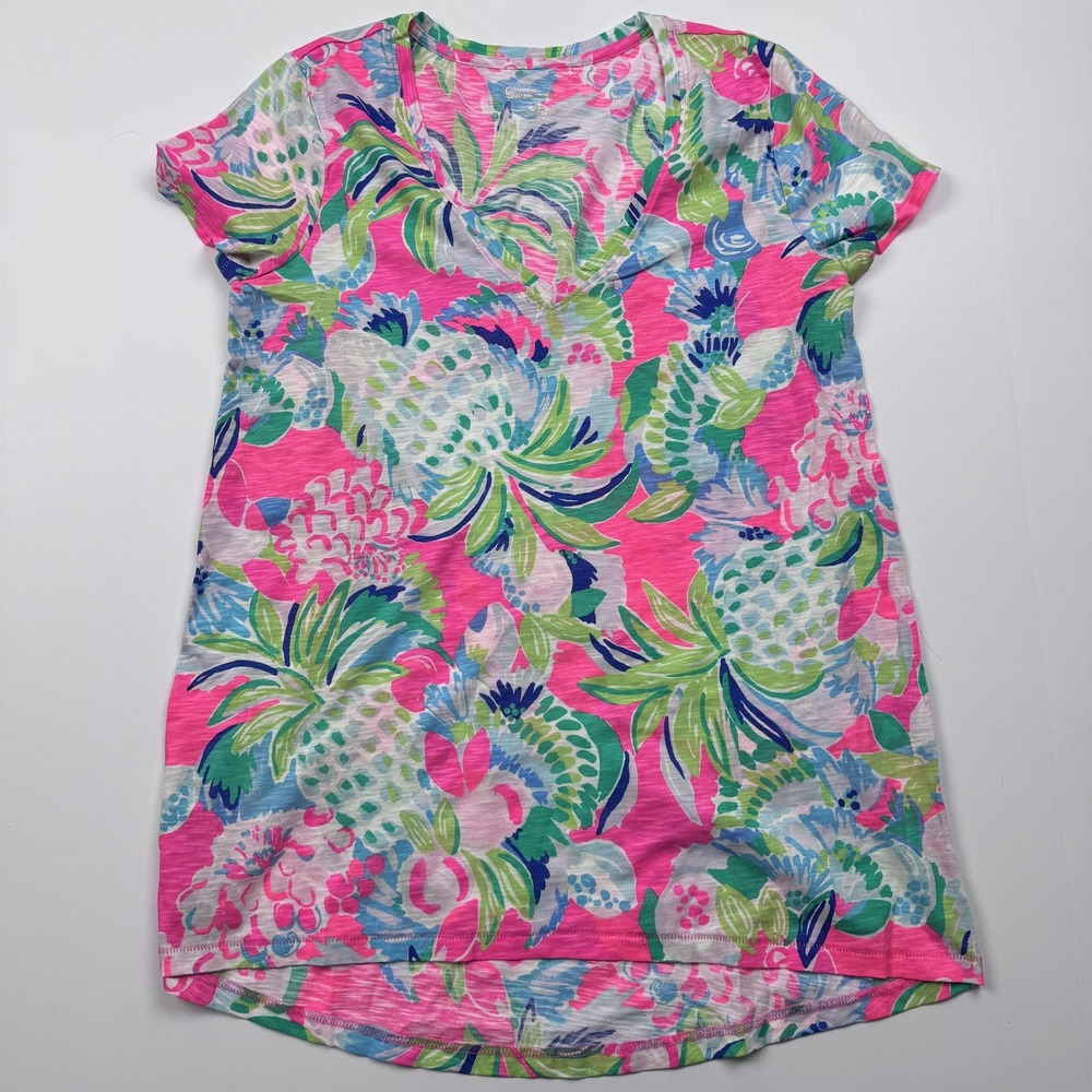 Lilly Pulitzer Dress Womens Small Pink Green Tropical Pineapple Print V Neck